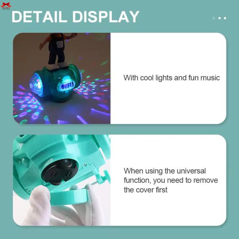 Product display with text about lights, music, and universal function usage.