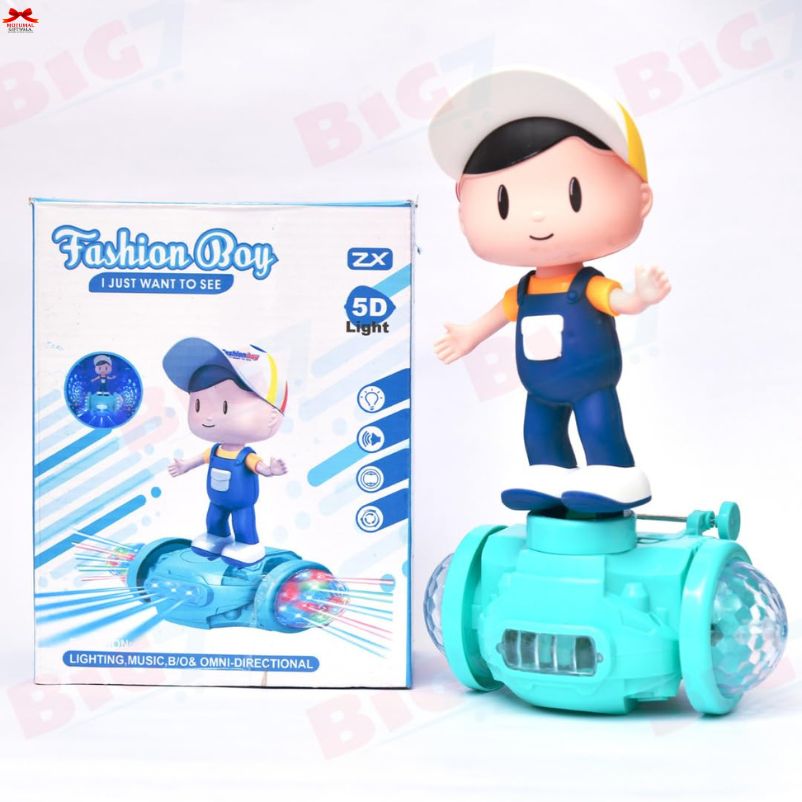 Toy figure of a boy on a vehicle with packaging in the background