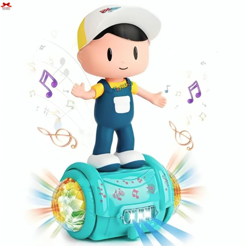Toy figure on a hoverboard with musical notes around, on a white background