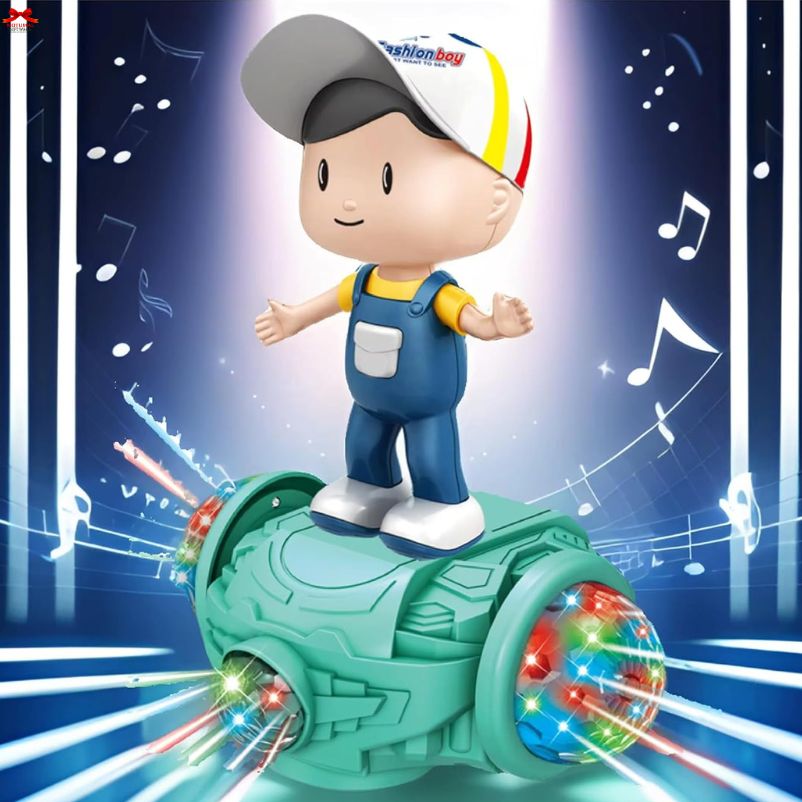 Toy figure on a hoverboard with musical notes in the background