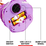 Purple toy with batteries and labeled components on a white background