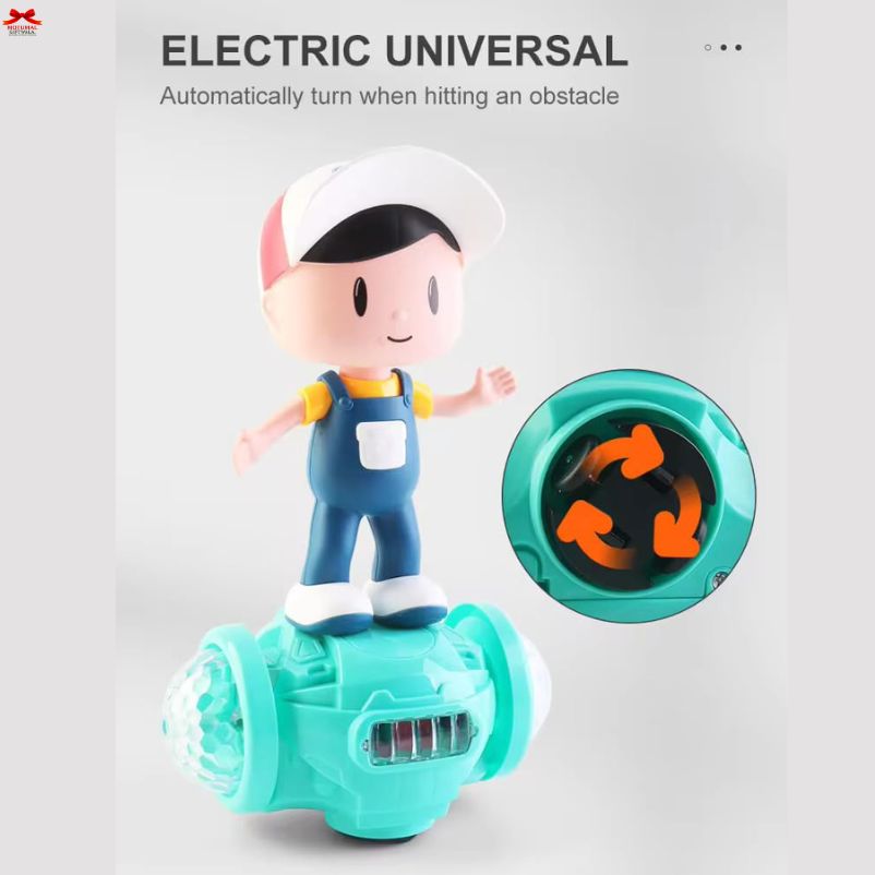 Toy figure on a hoverboard with a green base and character wearing a white helmet and blue overalls.