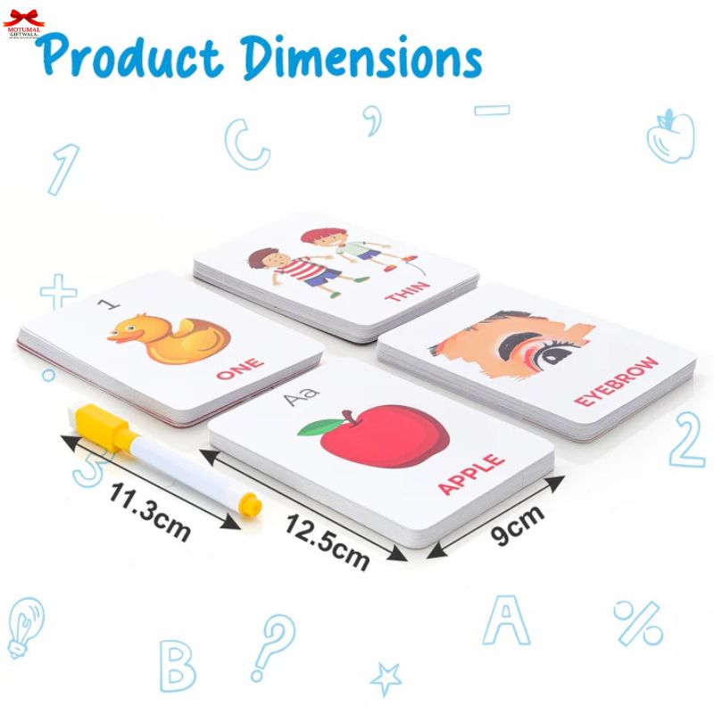 Educational flashcards with illustrations and text, showing product dimensions on a white background.