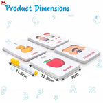 Educational flashcards with illustrations and text, showing product dimensions on a white background.
