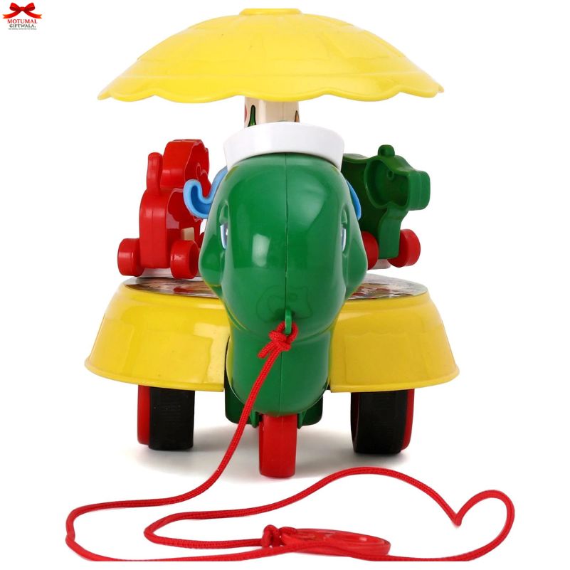 Colorful toy elephant with a yellow umbrella on a white background