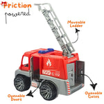 Toy fire truck with movable ladder, openable doors, and gates on a white background.