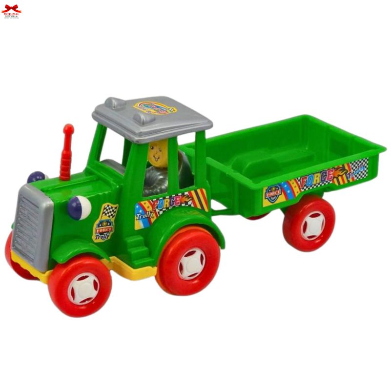 Colorful toy tractor with a small trailer on a white background