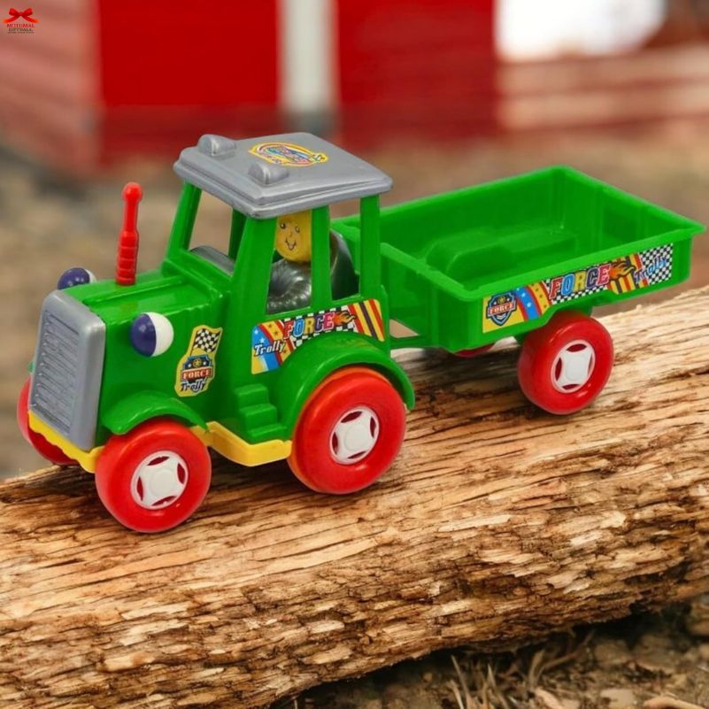 Colorful toy truck with a trailer on a wooden surface