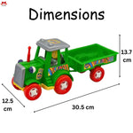 Toy tractor with dimensions labeled on a white background