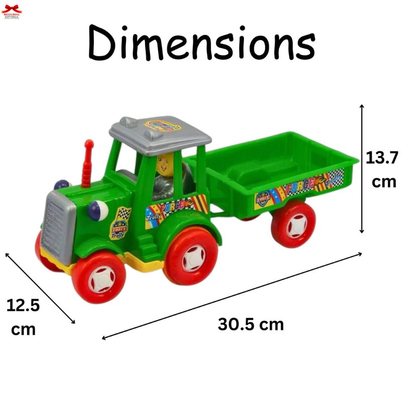 Toy tractor with dimensions labeled on a white background