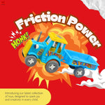 Toy truck with 'Friction Power' text on a red background