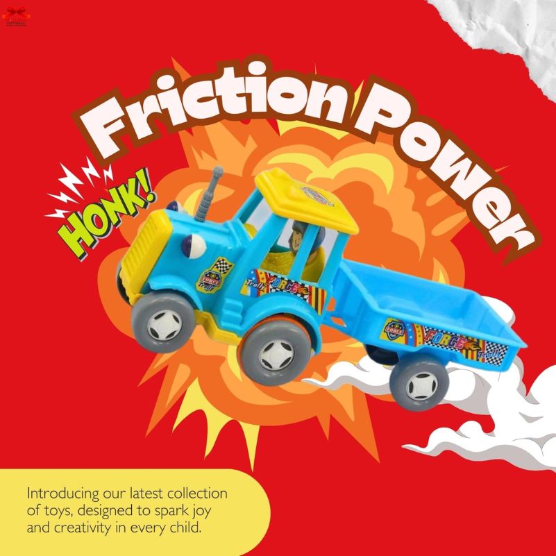 Toy truck with 'Friction Power' text on a red background