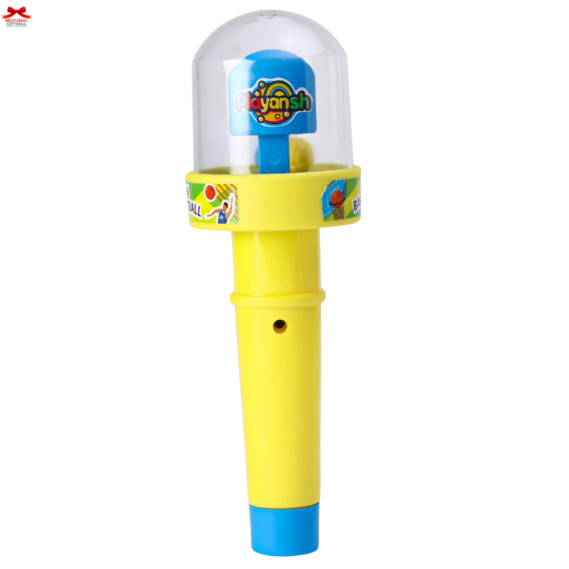 Yellow toy with a blue top and transparent dome on a white background