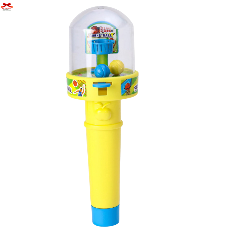 Yellow toy basketball hoop with transparent dome on a white background