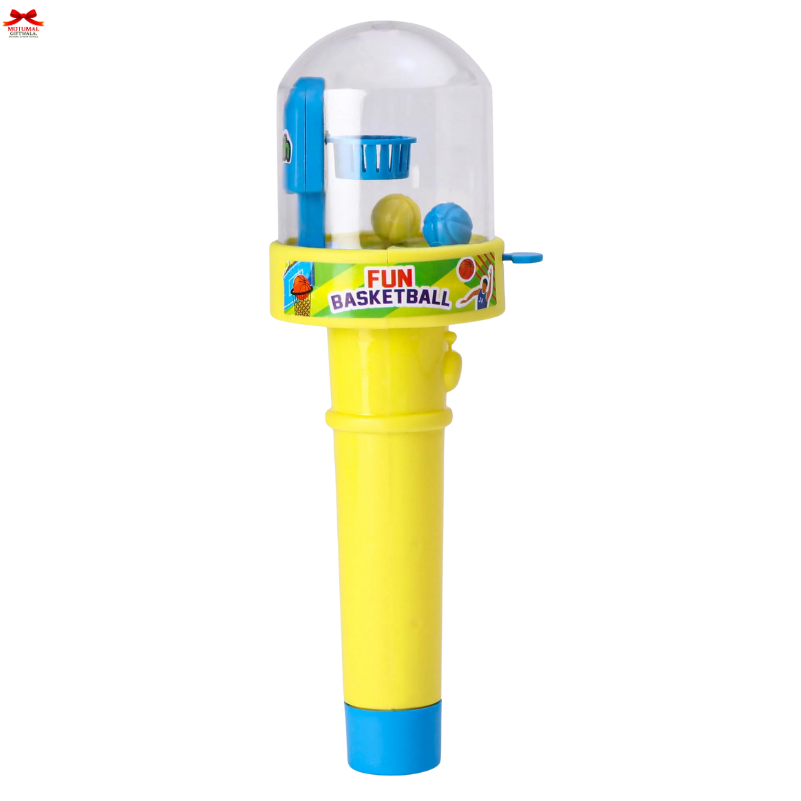 Toy basketball hoop with balls on a white background