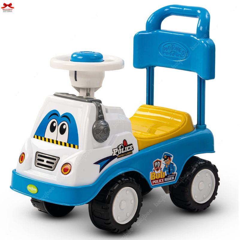 Toy police car with a push handle on a white background