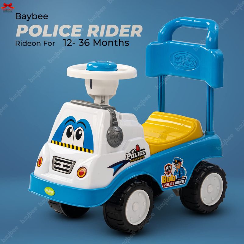 Toy police car with blue handle on a blue background, featuring Baybee branding.