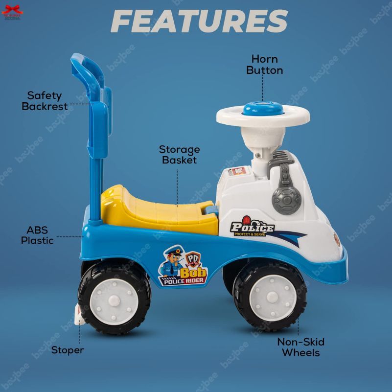 Children's toy police car with labeled features on a blue background