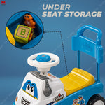 Toy police car with under-seat storage feature on a blue background