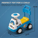 Toy police car with steering wheel and seat, dimensions indicated on a blue background
