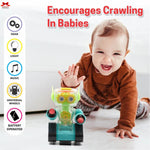 Child playing with a toy robot on a white background, with text and icons about the toy's features.