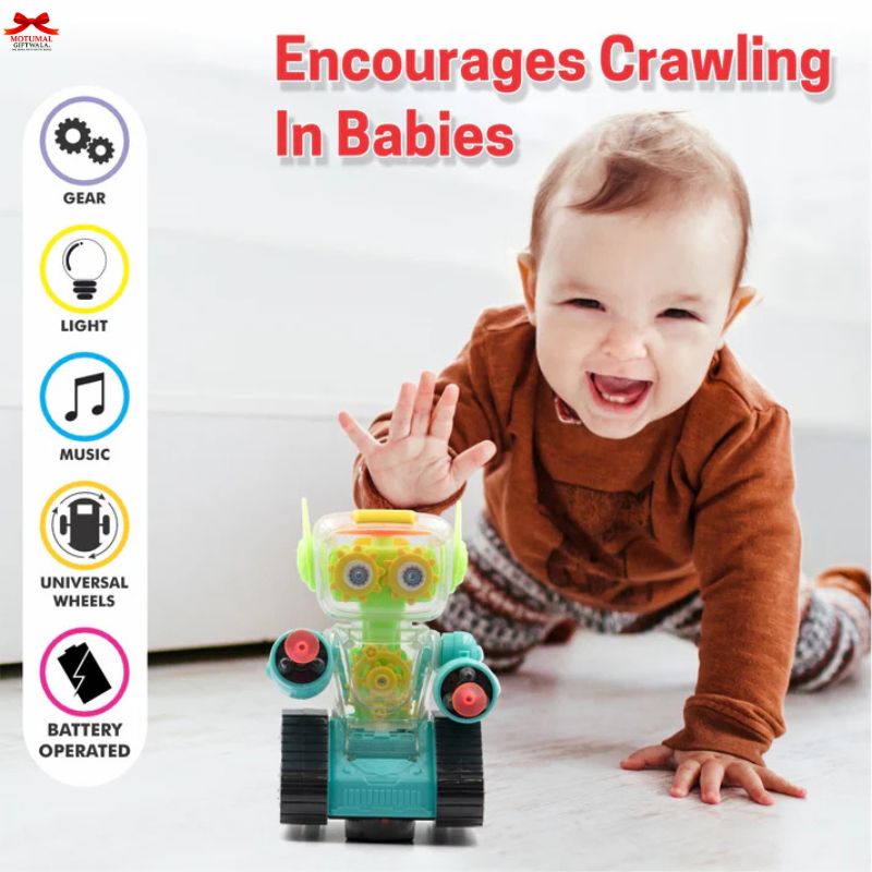 Child playing with a toy robot on a white background, with text and icons about the toy's features.