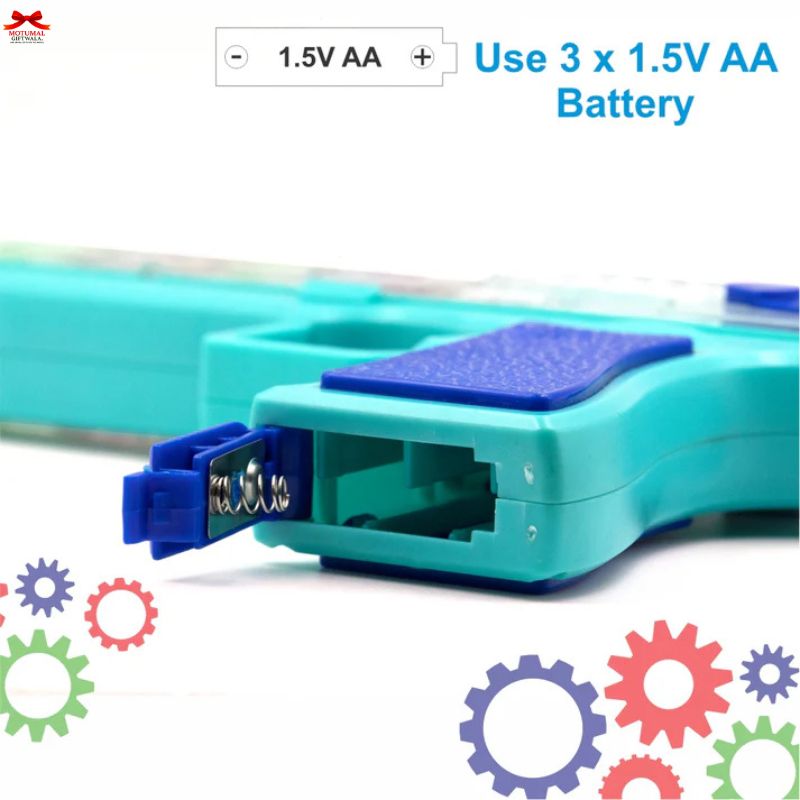 Turquoise battery holder with blue connectors on a white background, featuring text about AA batteries.