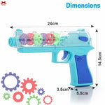 Toy gun with colorful gears and dimensions labeled on a white background