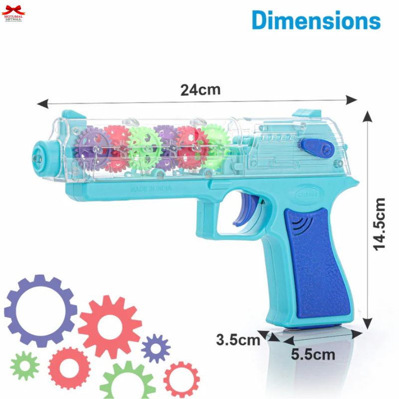 Toy gun with colorful gears and dimensions labeled on a white background