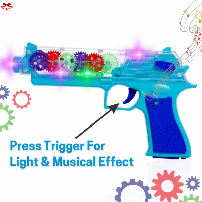Toy gun with colorful gears and musical notes on a white background