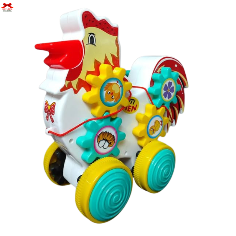 Colorful toy chicken with gears and wheels on a white background