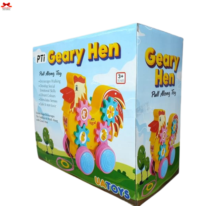 Box of a Geary Hen pull along toy with colorful design on a white background