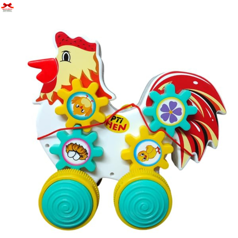 Colorful rooster-shaped toy with gears and animal illustrations on a white background