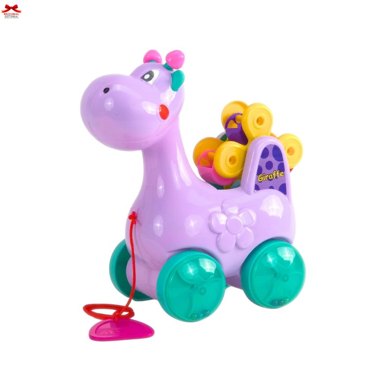 Colorful toy giraffe with wheels and a basket on a white background