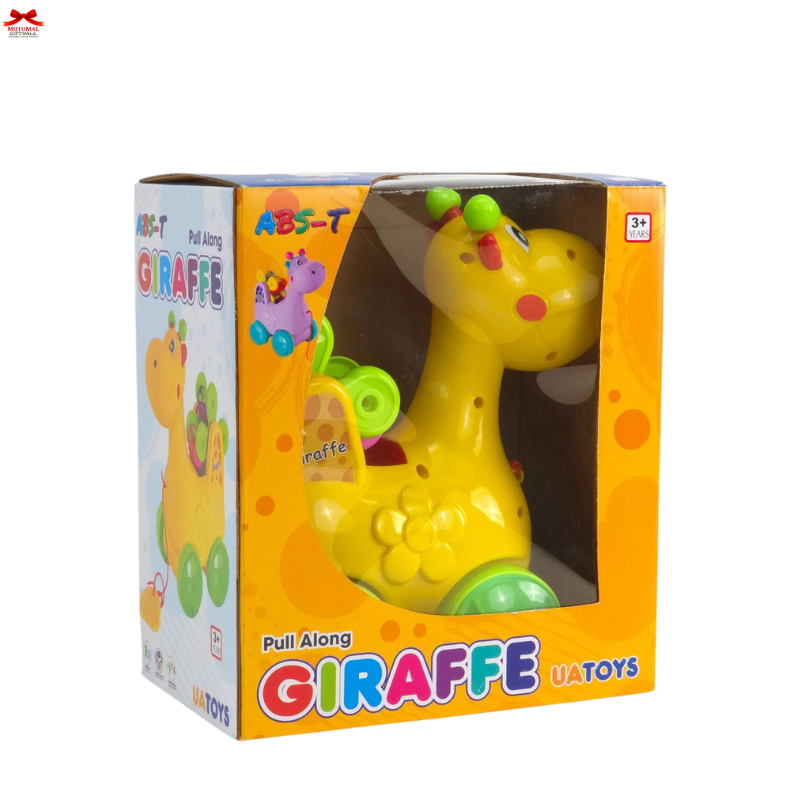 Yellow pull-along giraffe toy in packaging with colorful text and branding.
