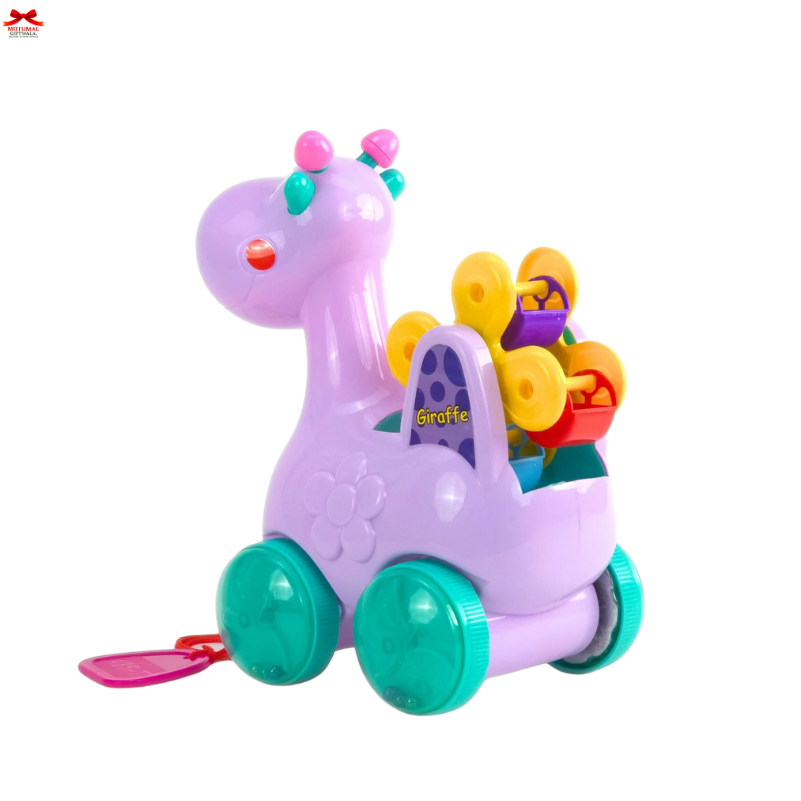 Colorful toy giraffe with wheels on a white background