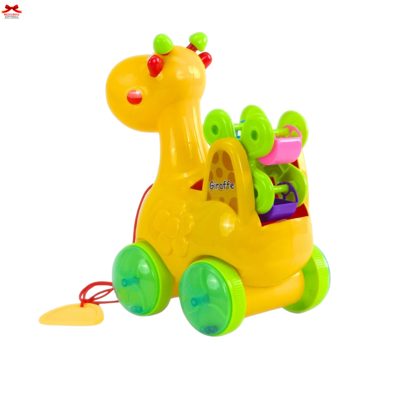 Colorful toy giraffe with wheels on a white background