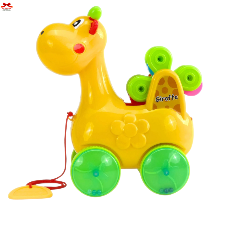 Toy giraffe with wheels on a white background
