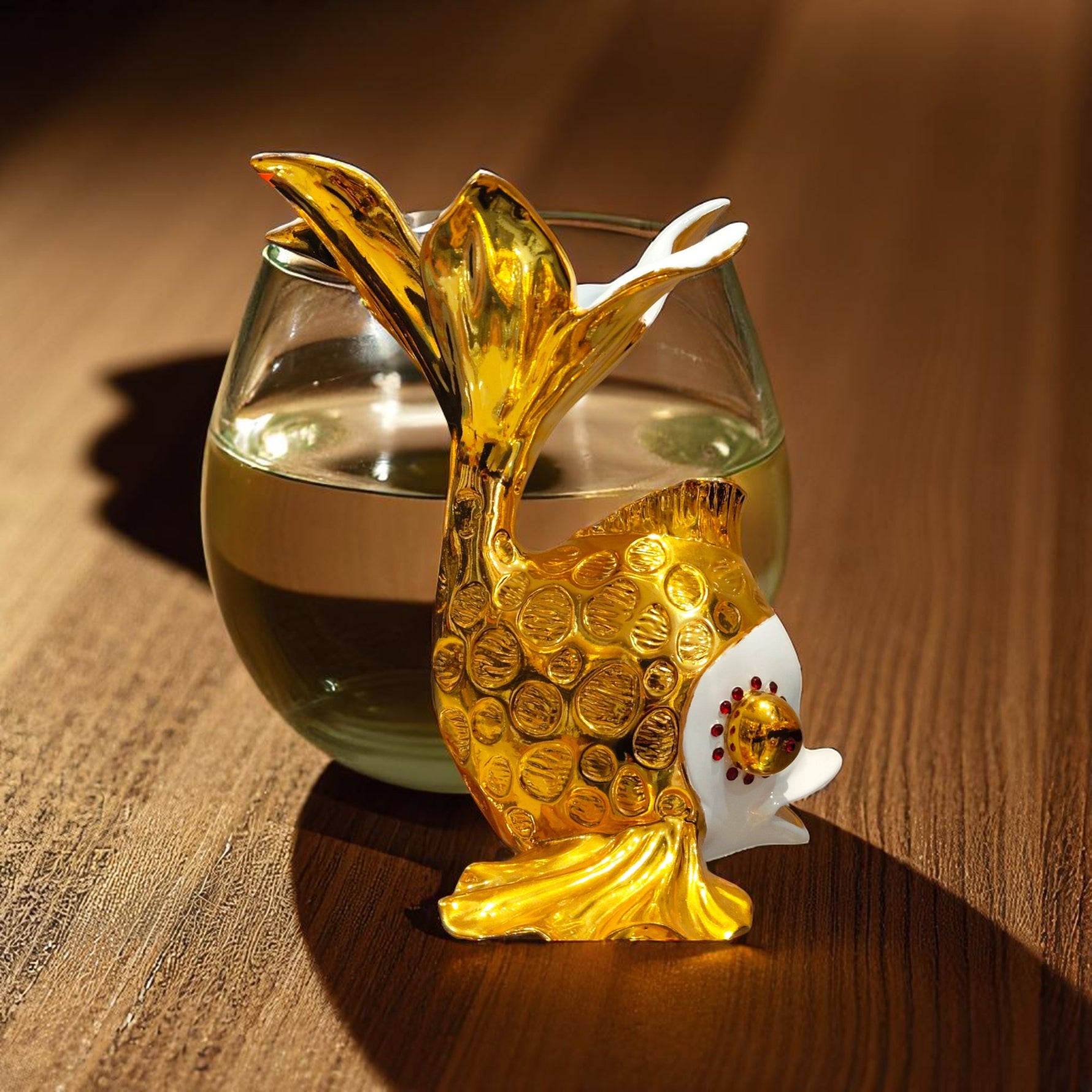 Side view of Golden Bloom Fish Showpiece with water bowl