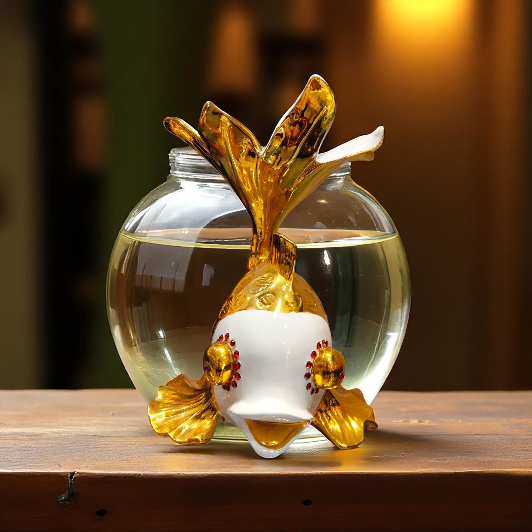 Front view of gold and white fish idol for table décor