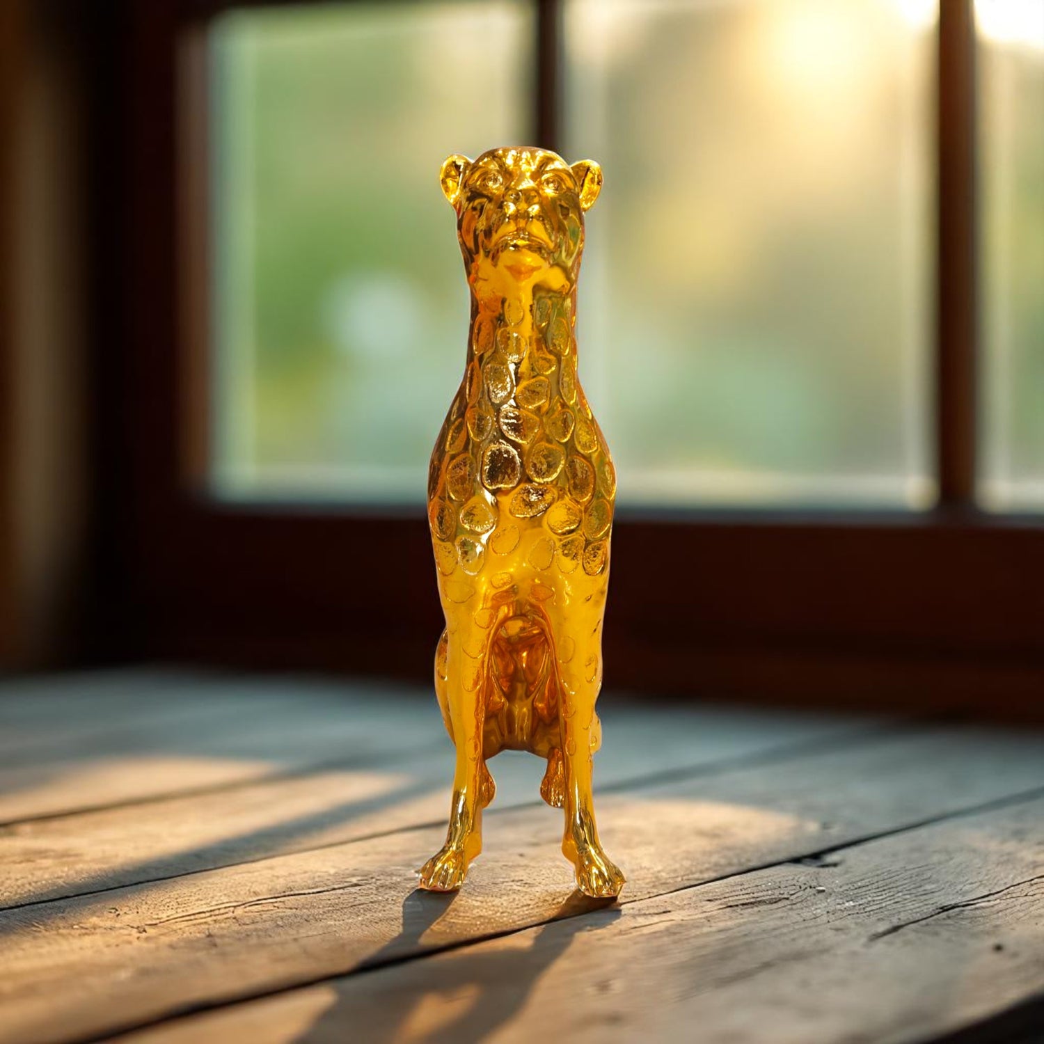 Front view of golden cheetah statue for office and home decor