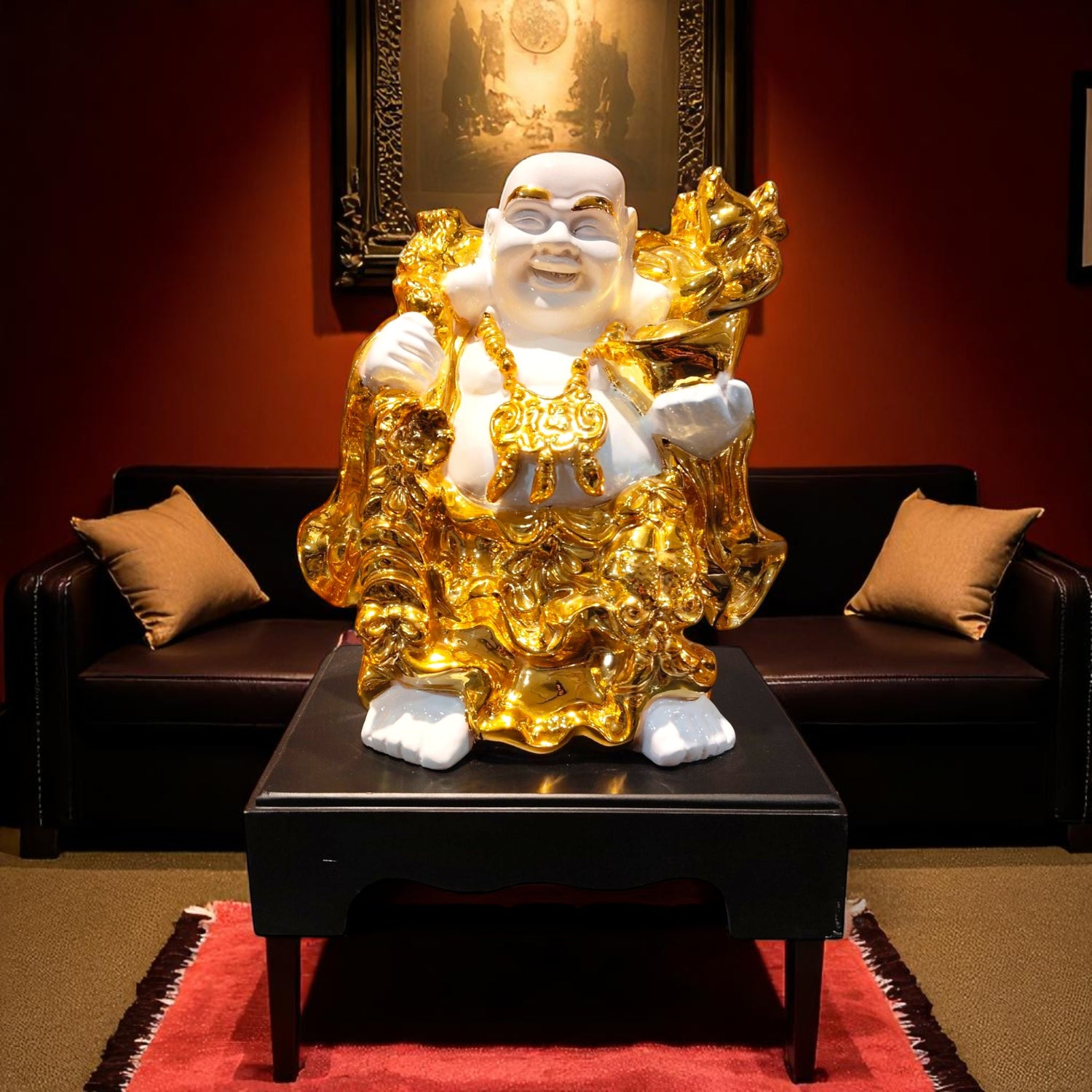  Golden Laughing Buddha in white circular frame front view – Motumal Giftwala Ranchi