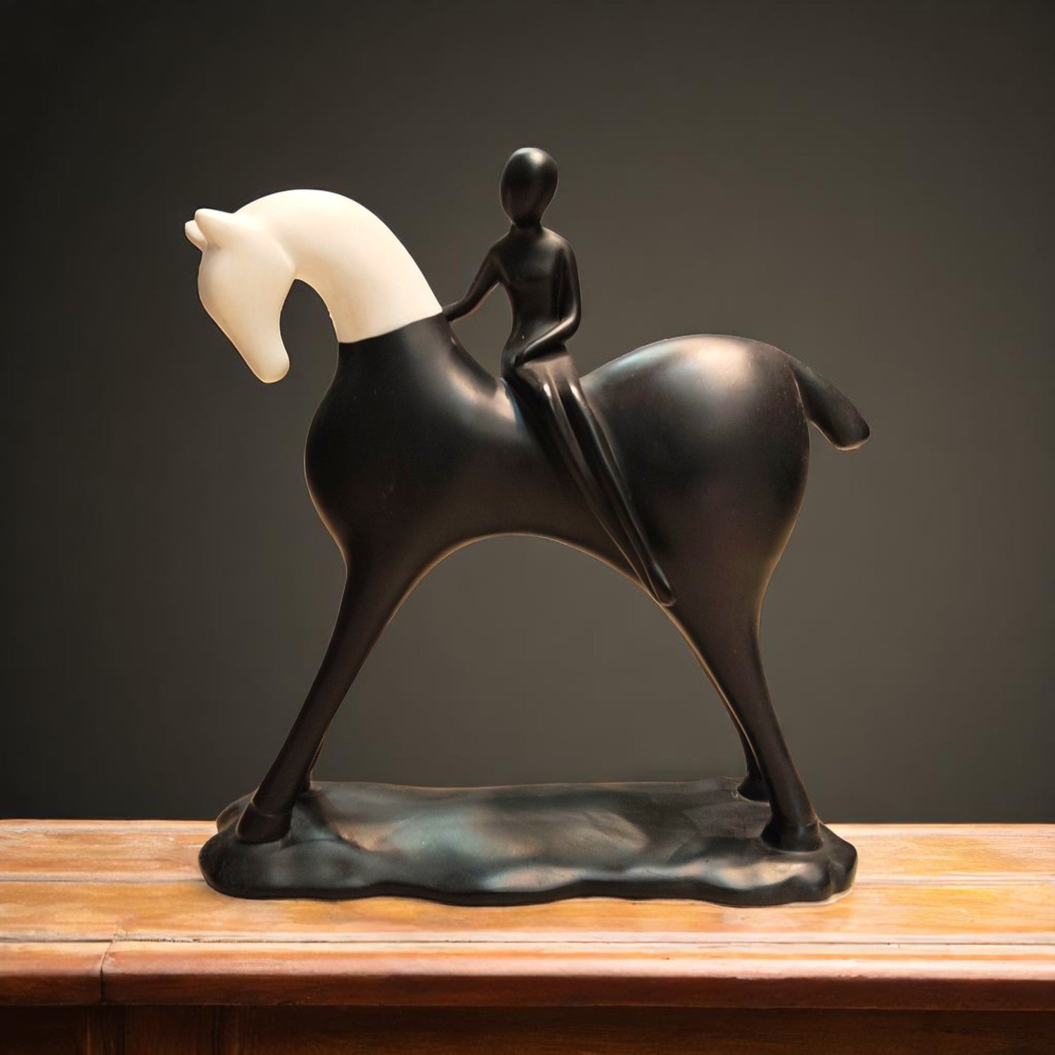 Black and white horse rider showpiece front view