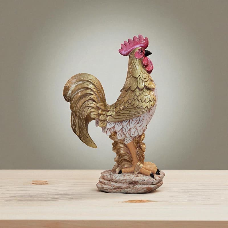 Decorative rooster figurine on a wooden surface with a neutral background