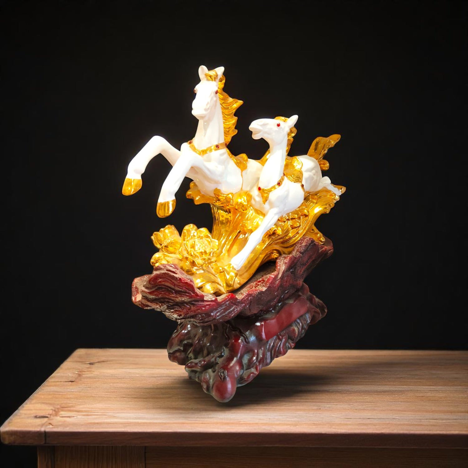  Front View of White and Golden Running Horse Pair Showpiece – Motumal Giftwala