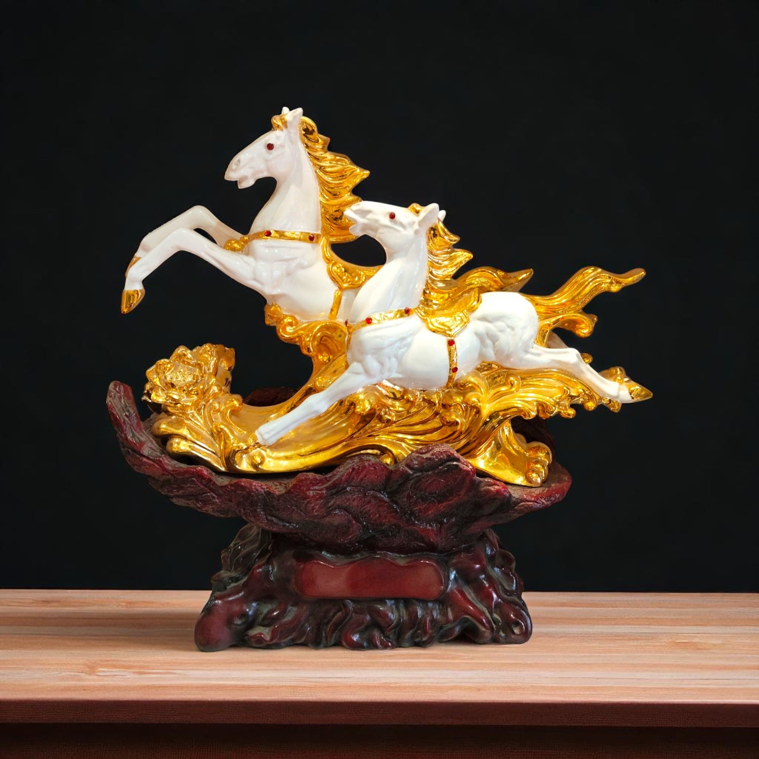 Rear Side View of Double Horse Statue in Gold and White – Ranchi Gift