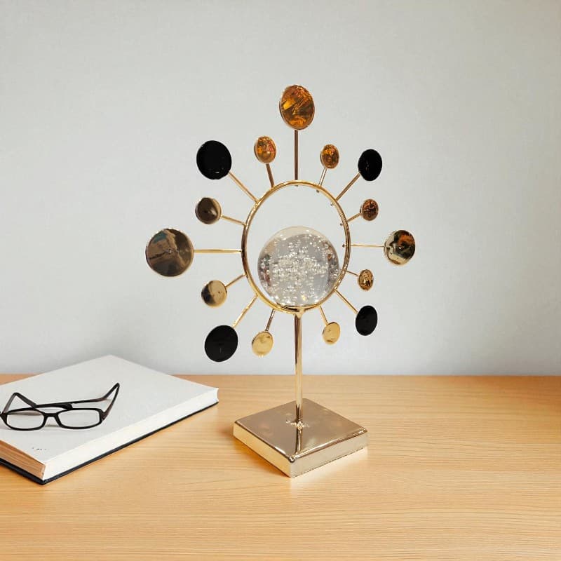 Decorative object on a wooden surface with a neutral background