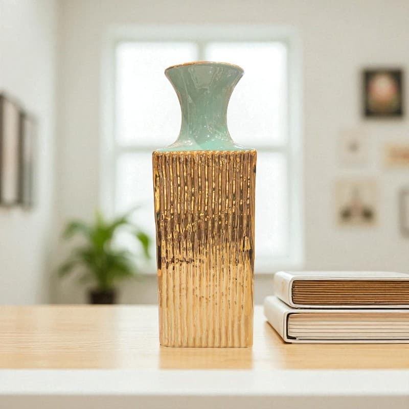Decorative vase with textured design on a surface, blurred indoor background