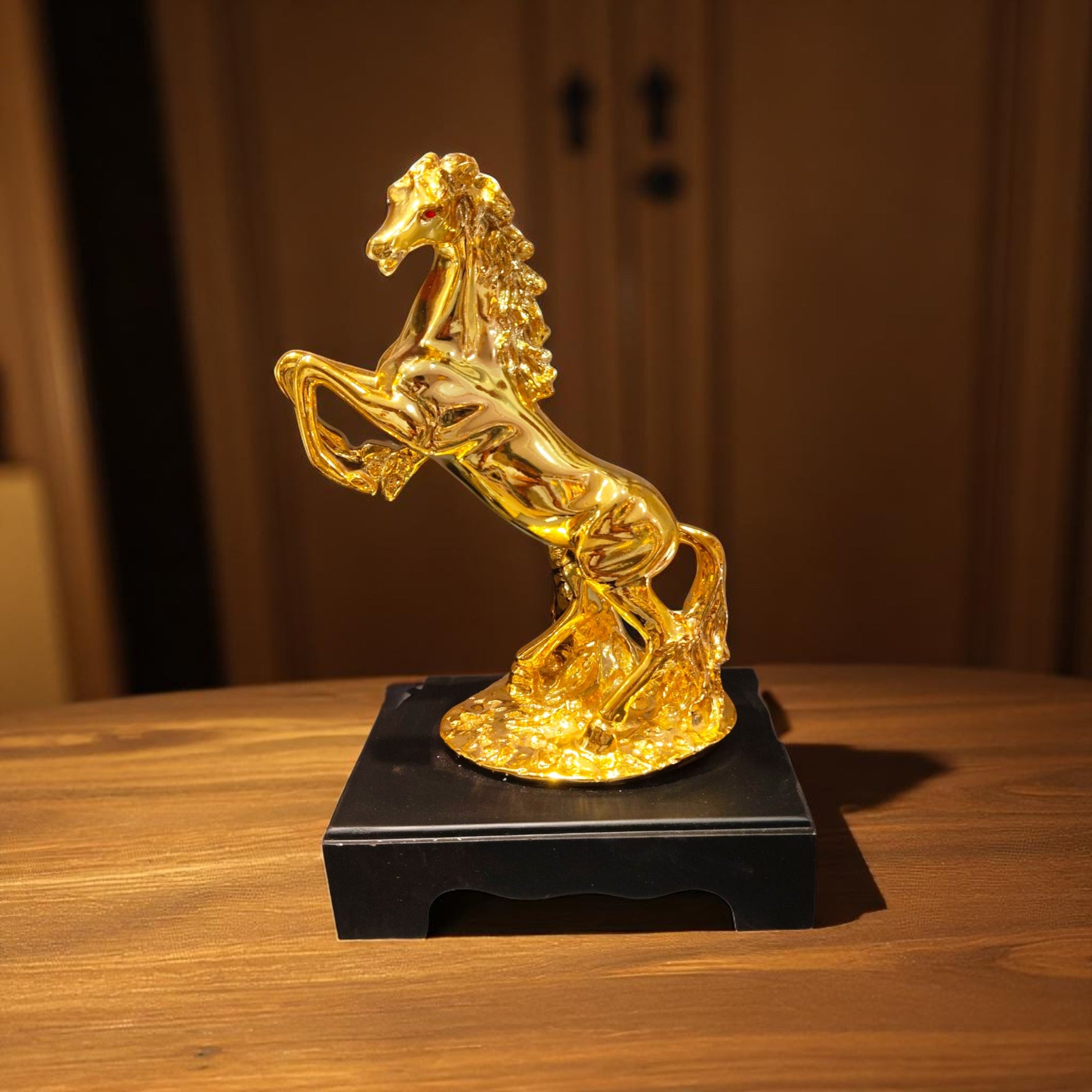  Side Profile of Shiny Golden Rearing Horse Figurine