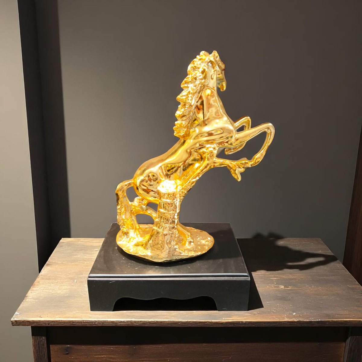 Side Profile of Shiny Golden Rearing Horse Figurine